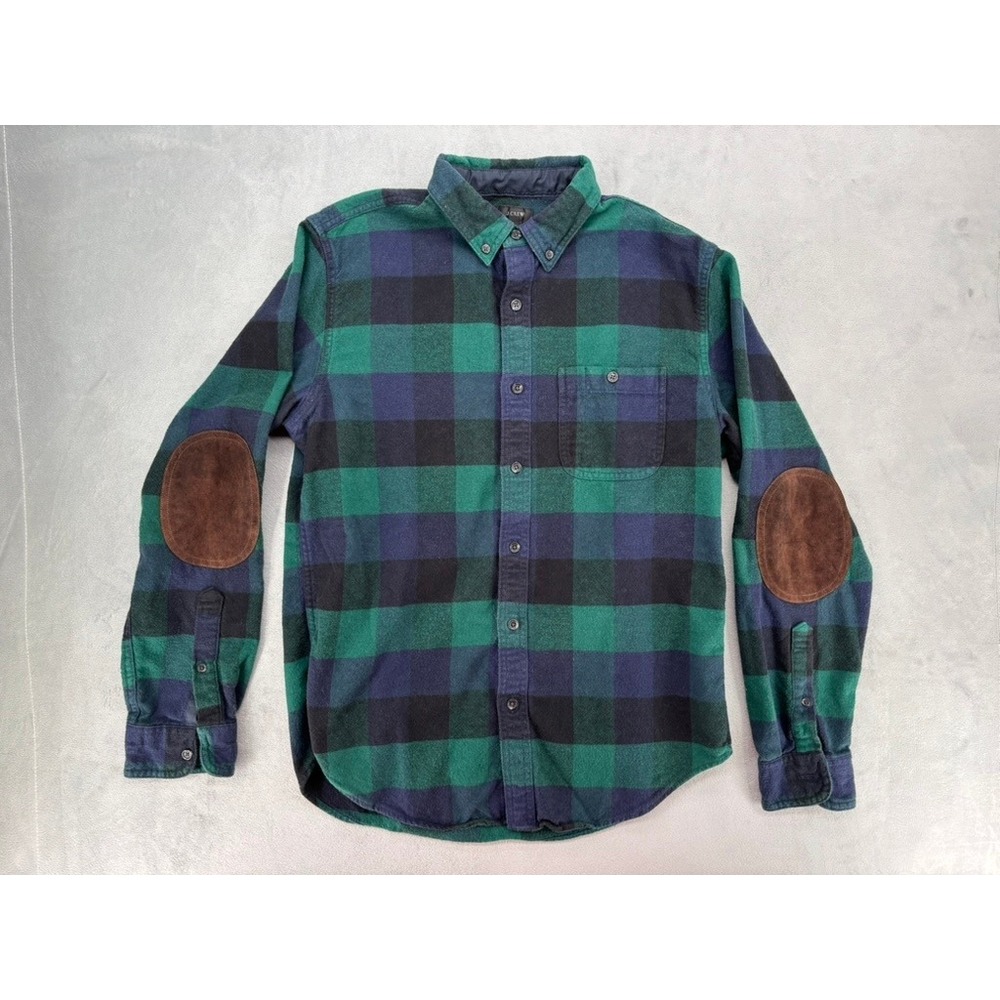 J.Crew Mens Green Navy Buffalo Plaid Cotton Wool Flannel Shirt Elbow Patches M